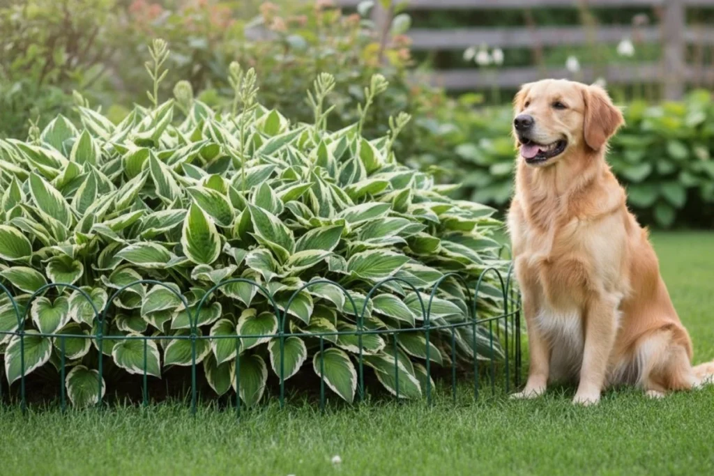 A beautiful bed of Hosta plants protected by a low, decorative border, a humane way to manage them in a dog-friendly garden.