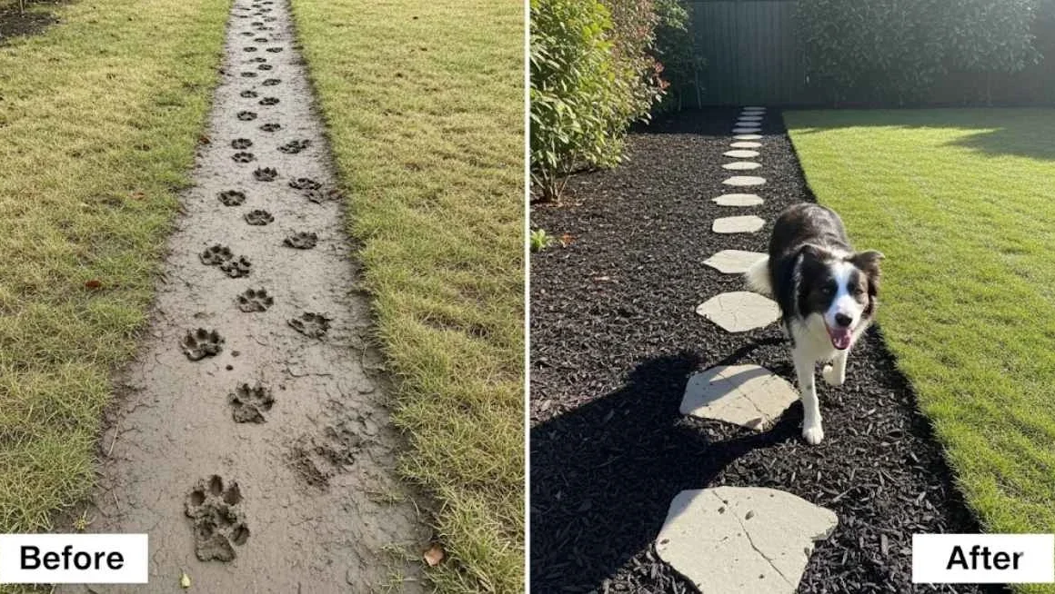 A before and after comparison showing a muddy dog path transformed into a beautiful DIY dog-friendly garden path with a Border Collie walking on it.