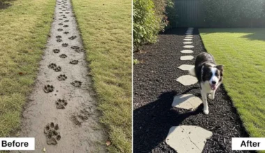 A before and after comparison showing a muddy dog path transformed into a beautiful DIY dog-friendly garden path with a Border Collie walking on it.