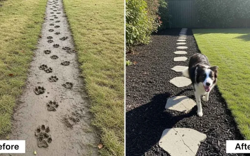A before and after comparison showing a muddy dog path transformed into a beautiful DIY dog-friendly garden path with a Border Collie walking on it.
