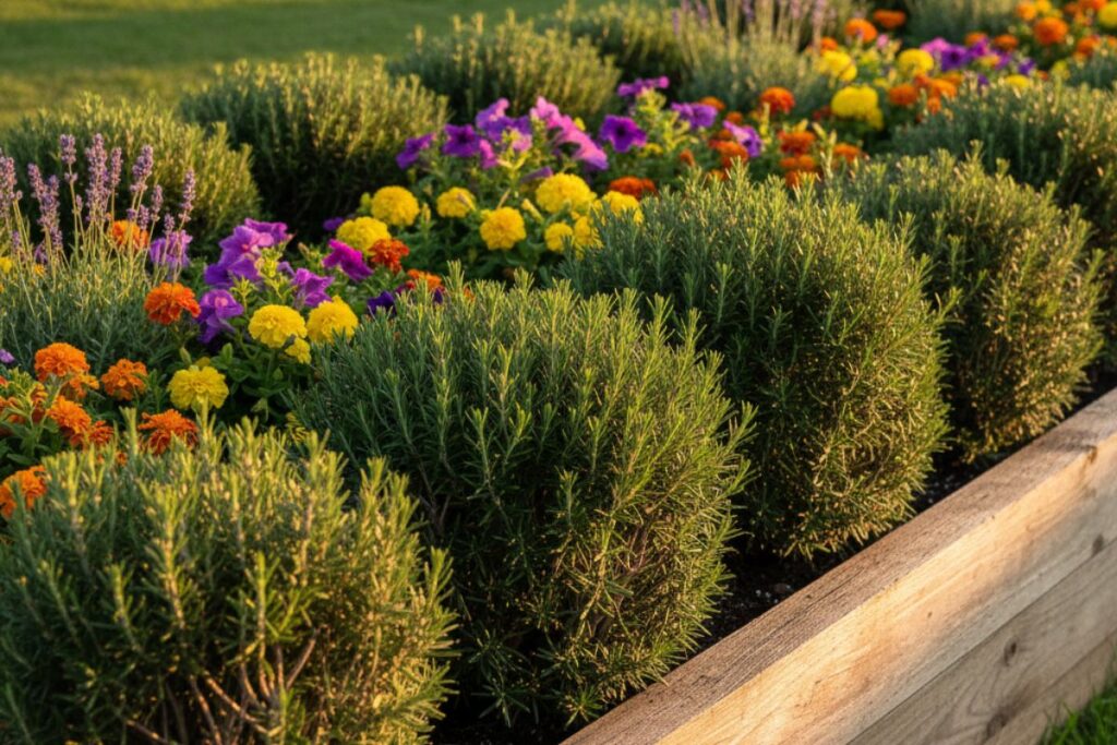 A border of rosemary plants used as a natural dog repellent around a flower bed.