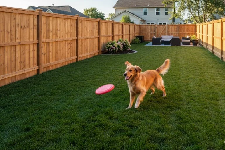 A classic wood privacy fence providing a secure and private dog-friendly yard.]