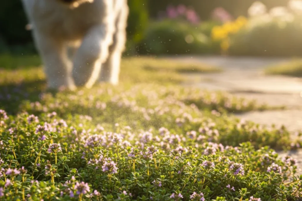A close-up of dog-safe creeping thyme, a fragrant and hardy ground cover for lower-traffic areas.
