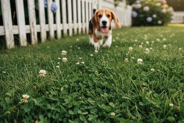 A close-up of a durable, green lawn mixed with white clover, a great dog-friendly ground cover that resists urine spots
