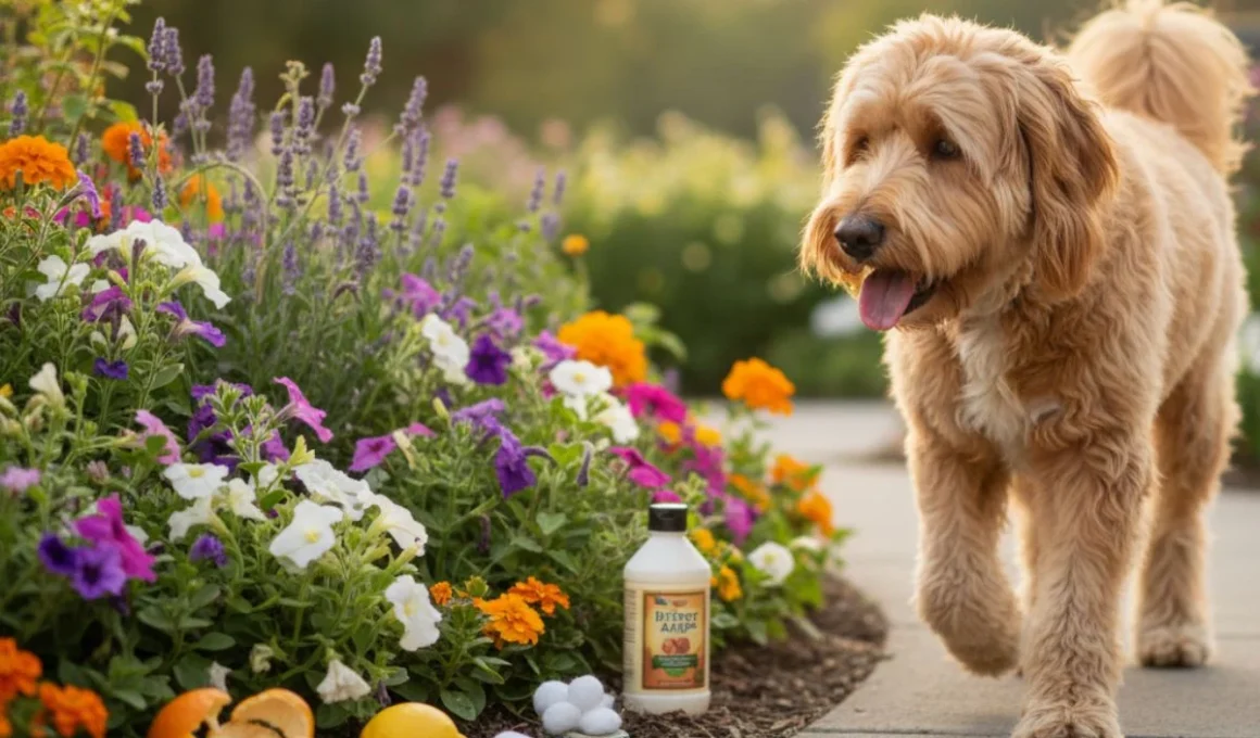 A dog being humanely deterred from a flower bed by natural dog repellents, keeping the garden safe