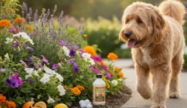 A dog being humanely deterred from a flower bed by natural dog repellents, keeping the garden safe