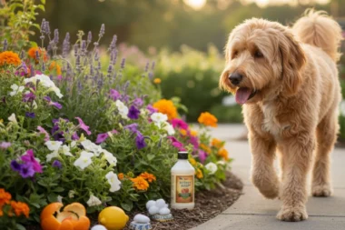 A dog being humanely deterred from a flower bed by natural dog repellents, keeping the garden safe