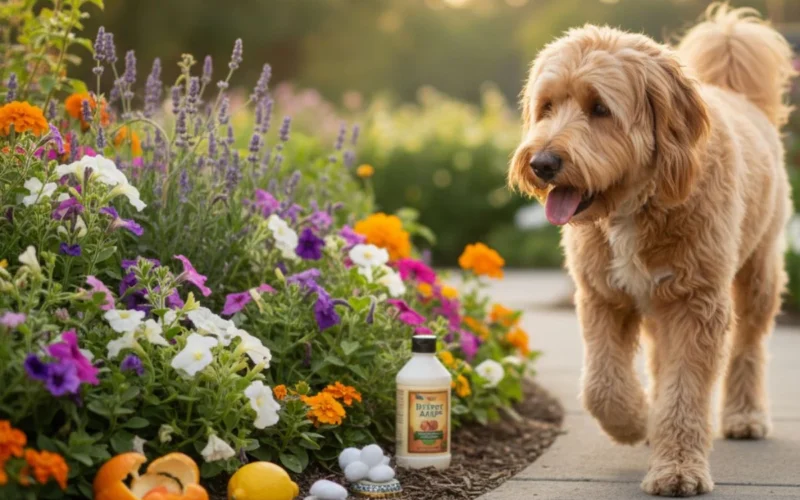 A dog being humanely deterred from a flower bed by natural dog repellents, keeping the garden safe