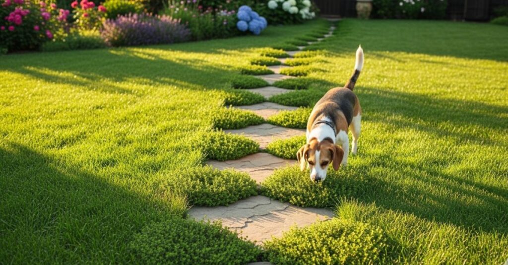 A charming DIY stepping stone path made of flagstone, with dog-safe creeping thyme growing between the stones.
