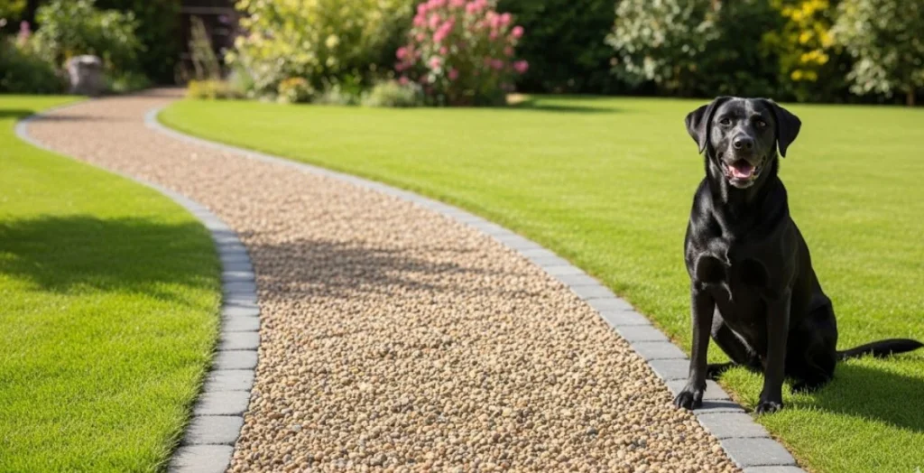 A durable pea gravel path in a dog-friendly yard, showing excellent drainage and a clean look.