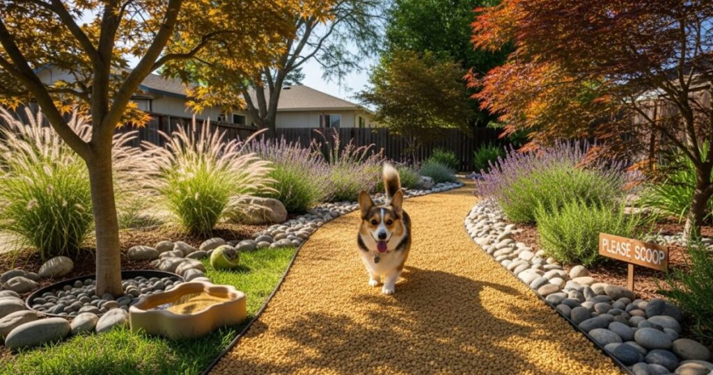 A firm and stable decomposed granite path, a durable and budget-friendly DIY option for a dog-friendly garden