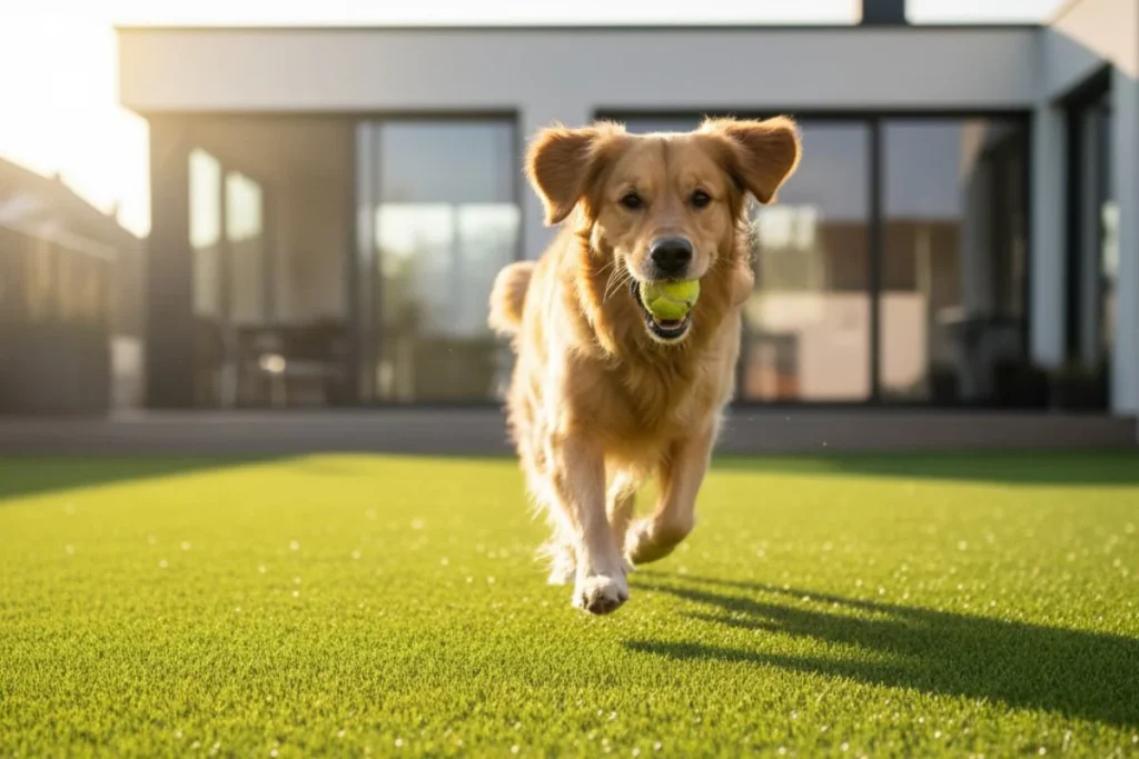 A happy dog playing on a clean, green artificial turf lawn, the ultimate durable and dog-safe ground cover.