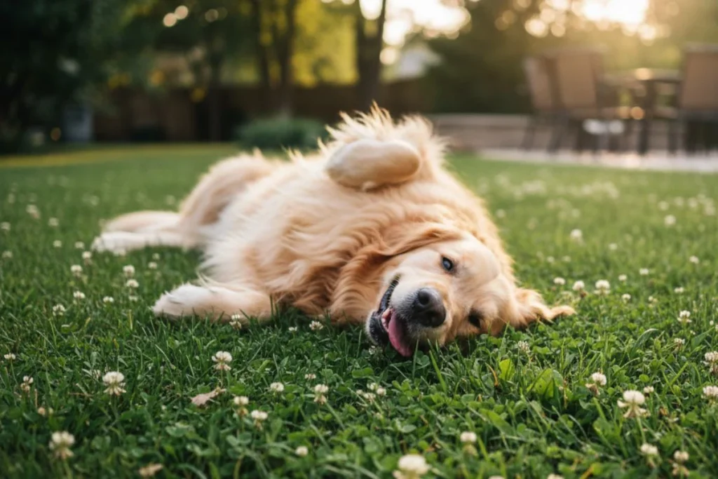 A happy dog resting on a mixed lawn of grass and white clover, a durable and dog-safe ground cover.
