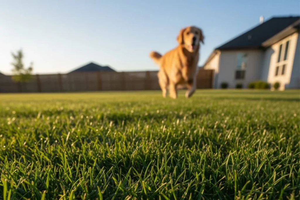 A thick, healthy lawn made from a blend of hardy grasses, the best option for a durable, traditional dog-friendly yard.