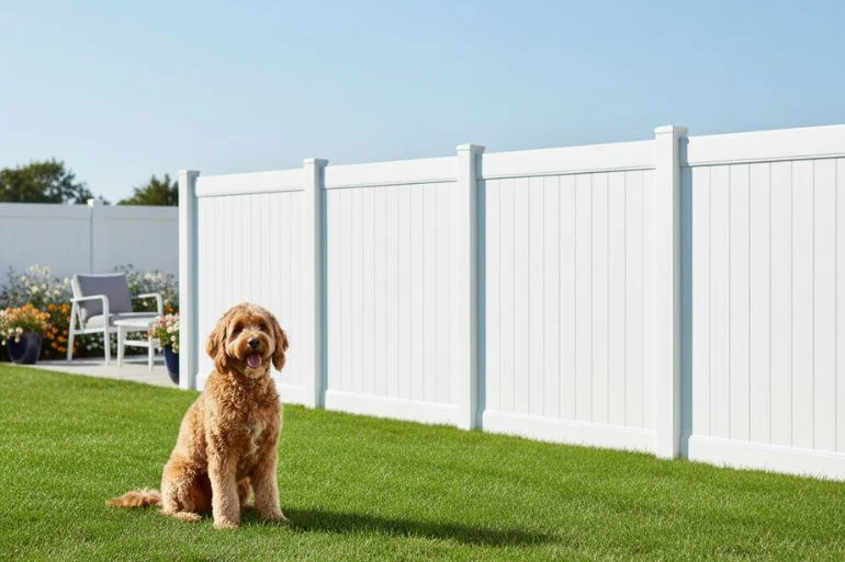 A white vinyl privacy fence, a beautiful and low-maintenance choice for a dog-friendly yard.]