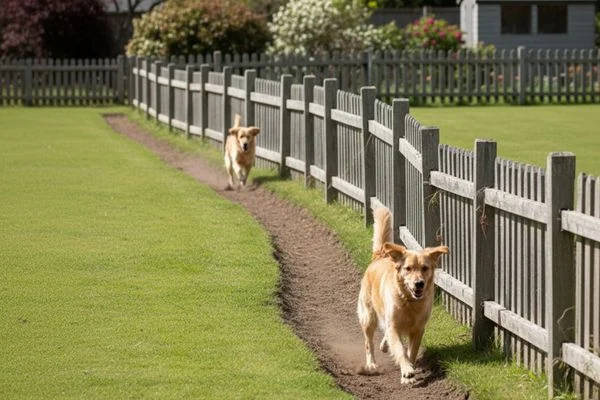A worn patrol path in a lawn created by a dog running along a wooden fence, illustrating canine garden behavior.