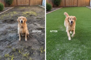 A before and after comparison of a yard, transformed from a muddy patch to a durable, dog-safe ground cover with a happy dog.