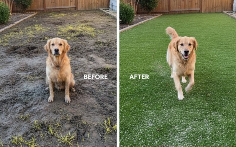 A before and after comparison of a yard, transformed from a muddy patch to a durable, dog-safe ground cover with a happy dog.