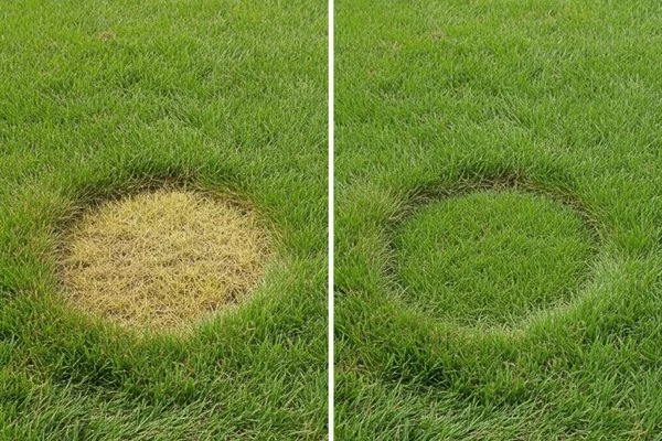A yellow lawn burn spot caused by dog urine, a common problem solved by dog-friendly landscaping.
