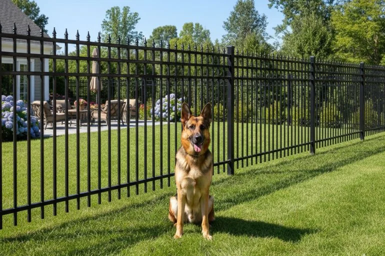 An elegant black aluminum fence, a secure and high-end option for a dog-friendly yard