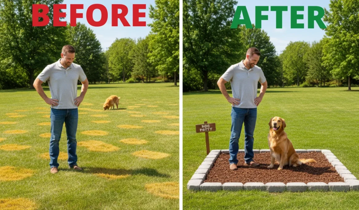 A before and after image showing a lawn with yellow urine spots transformed into a perfect green yard with a designated dog potty area.
