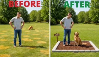 A before and after image showing a lawn with yellow urine spots transformed into a perfect green yard with a designated dog potty area.