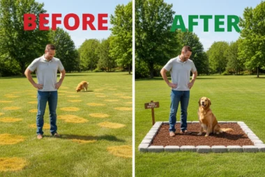 A before and after image showing a lawn with yellow urine spots transformed into a perfect green yard with a designated dog potty area.