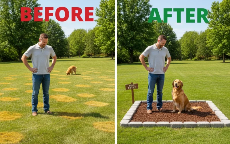 A before and after image showing a lawn with yellow urine spots transformed into a perfect green yard with a designated dog potty area.