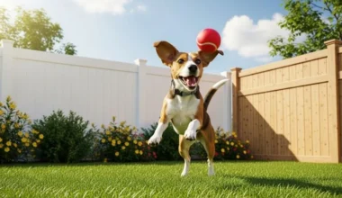 A happy Beagle dog plays with a ball in a secure, dog-friendly yard with a white vinyl and wood fence.