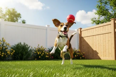 A happy Beagle dog plays with a ball in a secure, dog-friendly yard with a white vinyl and wood fence.