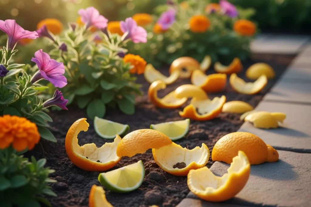 Bright citrus peels scattered in a flower bed, a simple and safe natural dog repellent.