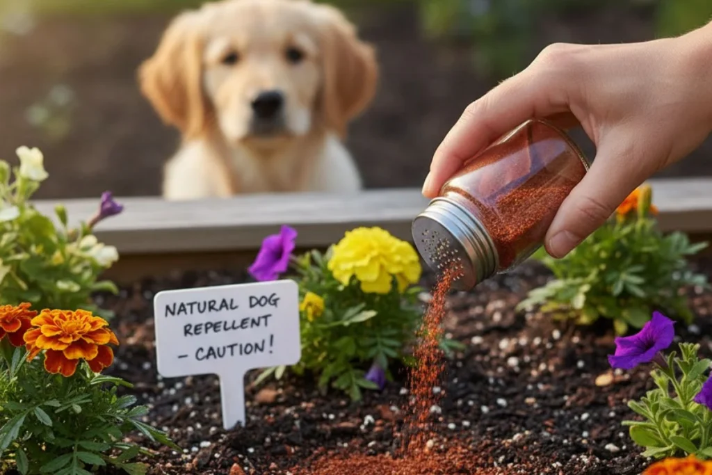  Cayenne pepper being carefully sprinkled on the soil as a natural dog repellent for a flower bed.