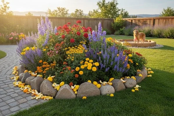 Citrus peels scattered around the base of plants in a flower bed, acting as a natural, humane scent deterrent for dogs.