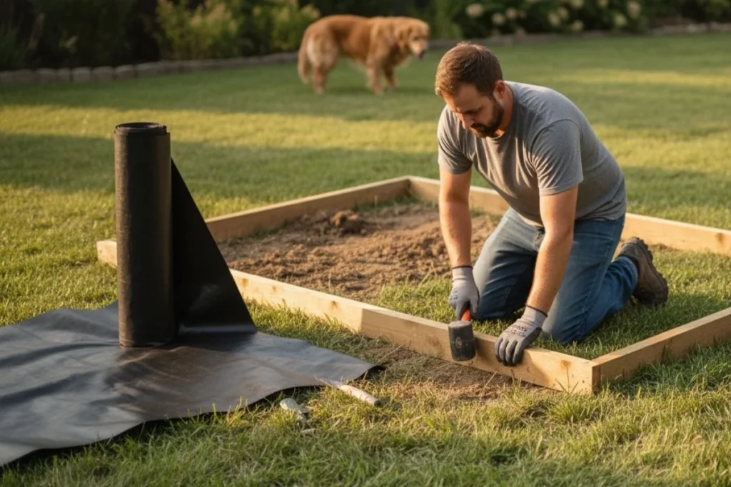 The DIY construction of a dog potty area, showing the installation of a wooden border and landscape fabric.