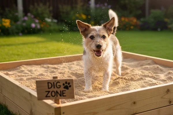 A happy terrier mix joyfully digging in a designated digging box filled with sand, a positive enrichment activity for a dog-friendly garden.
