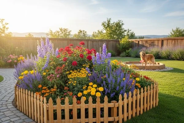 A flower bed protected by a low, decorative wooden fence border, an effective and humane way to keep dogs out of the garden.
