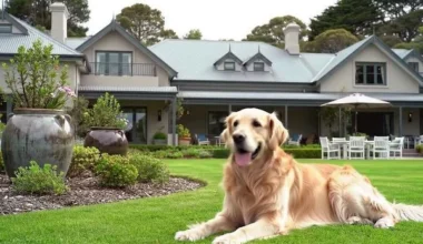 A happy Golden Retriever enjoying a dog-friendly garden layout with a lush lawn and protected, raised flower beds