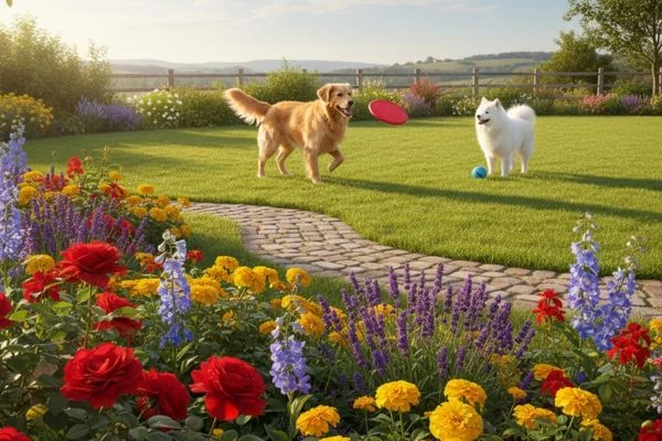 A Border Collie intently focused on a puzzle feeder in a grassy yard, demonstrating mental enrichment for dogs to prevent digging.