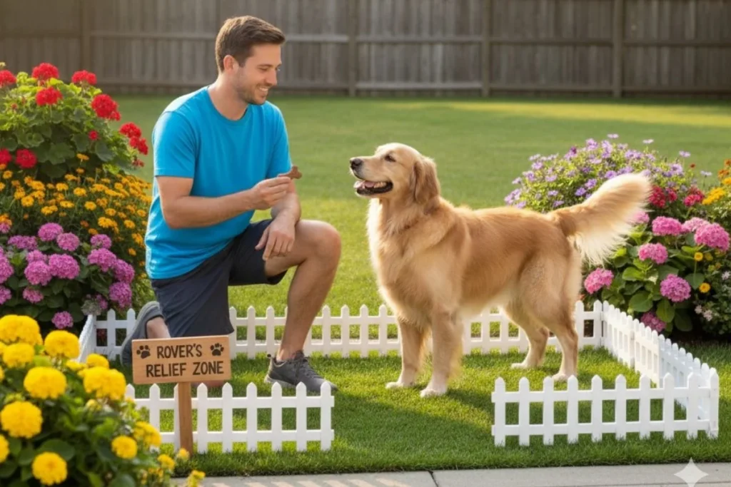 A person giving their dog a treat as a reward for successfully using the new designated dog potty area.