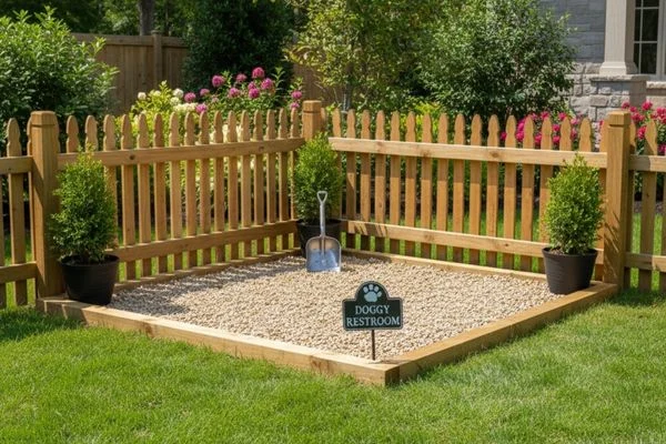 A well-designed designated dog potty area in a garden, using pea gravel and a simple wooden border to protect the lawn.
