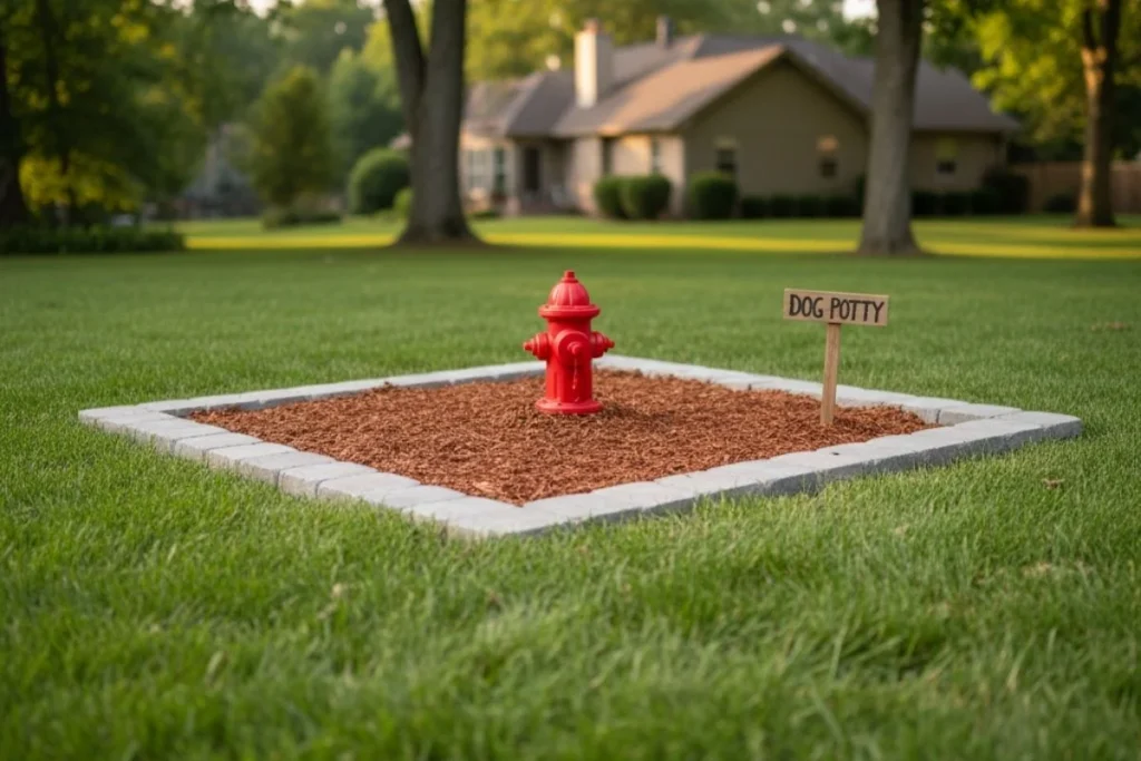 A dog potty area featuring a small fire hydrant as a "target post" to encourage male dogs to use the spot