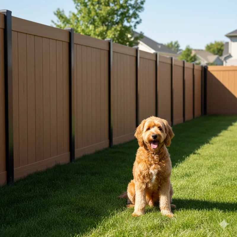 A modern composite fence, an eco-friendly and low-maintenance alternative to wood for a dog fence.]