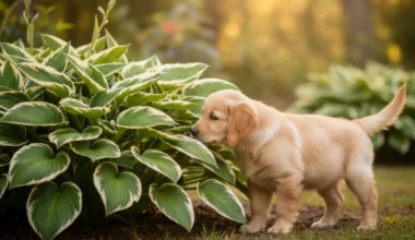 Are hostas poisonous to dogs?, A curious Beagle puppy sniffing a lush Hosta plant, illustrating the question of whether Hostas are poisonous to dogs.