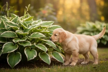 Are hostas poisonous to dogs?, A curious Beagle puppy sniffing a lush Hosta plant, illustrating the question of whether Hostas are poisonous to dogs.