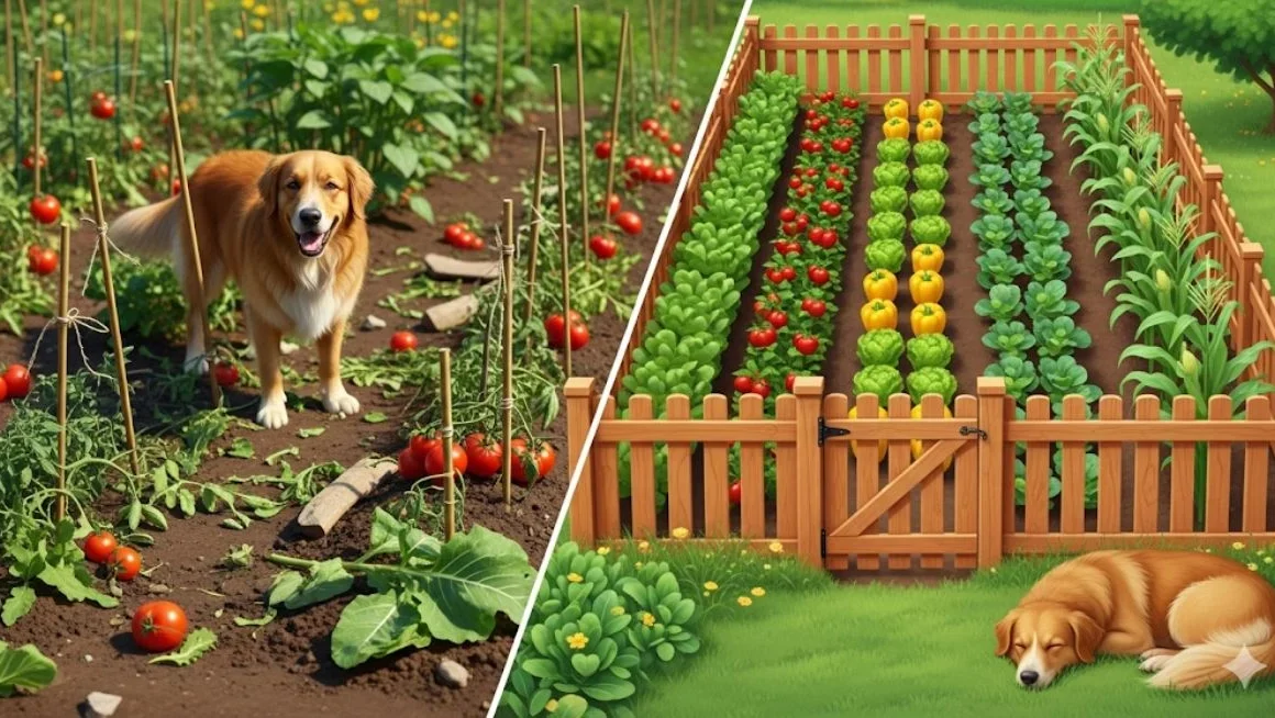 A split image showing a mischievous dog near a damaged vegetable garden, contrasted with a beautiful, fenced vegetable garden where the dog peacefully rests nearby, illustrating How to Protect Your Vegetable Garden from Your Dog
