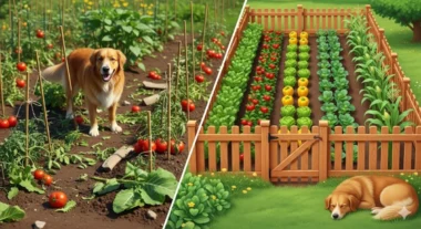 A split image showing a mischievous dog near a damaged vegetable garden, contrasted with a beautiful, fenced vegetable garden where the dog peacefully rests nearby, illustrating How to Protect Your Vegetable Garden from Your Dog