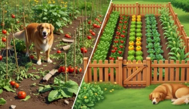 A split image showing a mischievous dog near a damaged vegetable garden, contrasted with a beautiful, fenced vegetable garden where the dog peacefully rests nearby, illustrating How to Protect Your Vegetable Garden from Your Dog