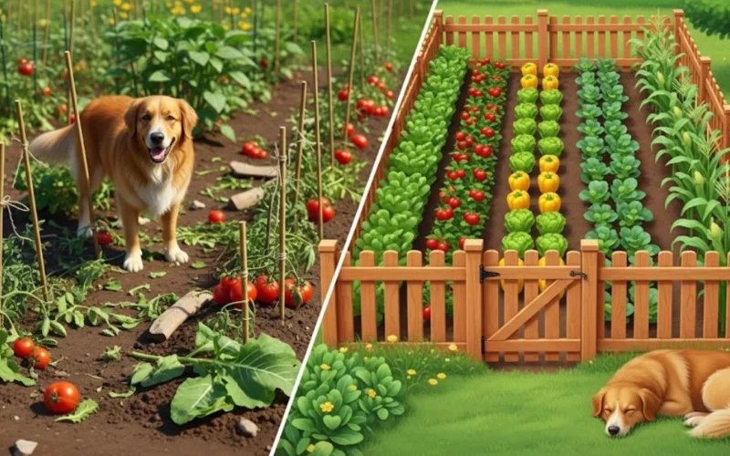 A split image showing a mischievous dog near a damaged vegetable garden, contrasted with a beautiful, fenced vegetable garden where the dog peacefully rests nearby, illustrating How to Protect Your Vegetable Garden from Your Dog