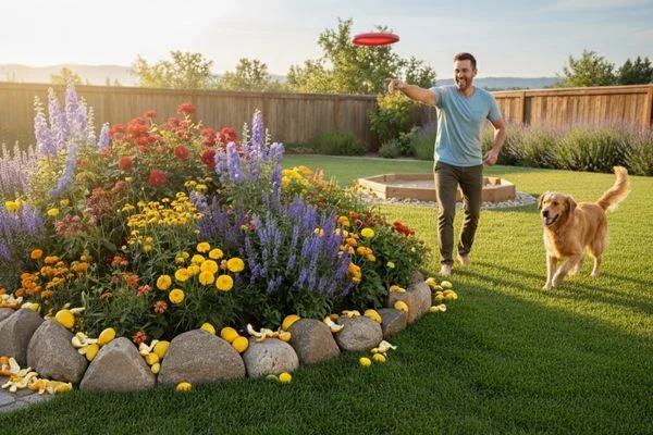 A person playing fetch with their dog in a backyard, demonstrating active supervision and redirection to prevent dogs from digging in flower beds.