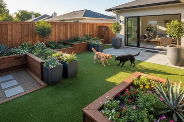 A dog-proof backyard design featuring large, raised garden beds and heavy planters to protect delicate flowers and plants
